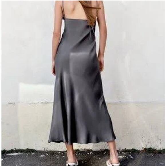 Zara Charcoal Gray Satin Effect Midi Slip Dress with Spaghetti Straps Size XXL - Picture 2 of 9